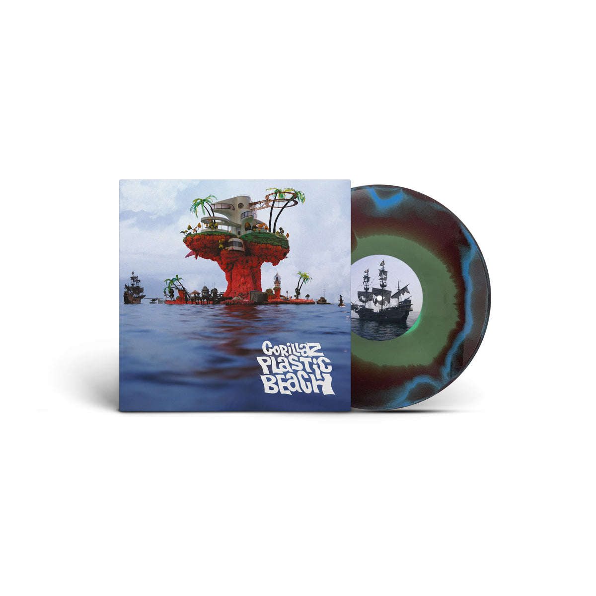 Gorillaz "Plastic Beach" (Brick & Mortar Exclusive Blue/Green/Orange vinyl) LP cover art