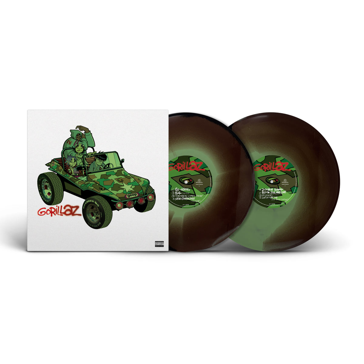 Gorillaz "S/T" (Brick & Mortar Exclusive Camouflage Green/Brown/Black vinyl) 2xLP cover art