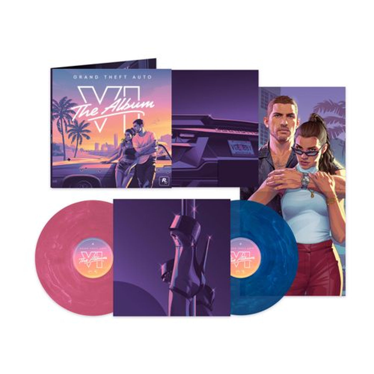 V/A "Grand Theft Auto VI: The Album" (Indie Exclusive Marble Pink/Marble Blue vinyl (with poster; )) 2xLP cover art